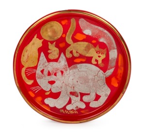 BERNARD HESLING&nbsp;(1905-1987), (cats on red ground), enamel on tin, signed lower centre "Hesling", 23cm diameter