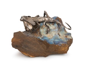 119 · An Australian silver frill necked-lizard ornament mounted on Queensland boulder opal specimen base, signed (illegible), 11cm high, 17cm wide
