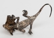 An Australian silver frill necked-lizard ornament mounted on Queensland boulder opal specimen base, signed (illegible),&nbsp; 11cm high, 17cm wide - 6