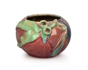 REMUED&nbsp;spherical pottery vase with applied gumnuts and leaves, glazed in pink, blue and green, incised "Remued, Hand Made, 53SM", 10cm high, 14cm wide