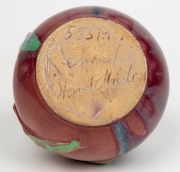 REMUED&nbsp;spherical pottery vase with applied gumnuts and leaves, glazed in pink, blue and green, incised "Remued, Hand Made, 53SM", 10cm high, 14cm wide - 3