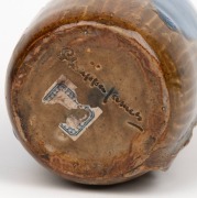 PHILIPPA JAMES pottery vase with applied gum leaf decoration and unusual brown and blue high gloss glaze, incised "Philippa James" with remains of original paper label, 17cm high - 4