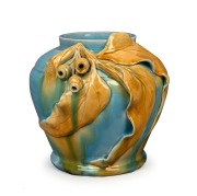 FLORENZ impressive blue and yellow glazed pottery vase with applied gumnuts, leaves and branch, incised "Florenz, Sydney", 21cm high