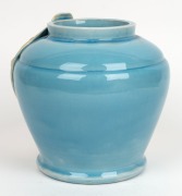 FLORENZ impressive blue and yellow glazed pottery vase with applied gumnuts, leaves and branch, incised "Florenz, Sydney", 21cm high - 2