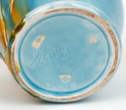 FLORENZ impressive blue and yellow glazed pottery vase with applied gumnuts, leaves and branch, incised "Florenz, Sydney", 21cm high - 3