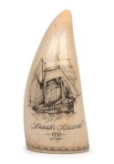 GARY TONKIN scrimshaw whales's tooth with tallship portrait titled "SPANISH SCHOONER, 1850", signed lower centre "G. Tonkin", ​​​​​​​12.5cm high