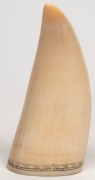 GARY TONKIN scrimshaw whales's tooth with tallship portrait titled "SPANISH SCHOONER, 1850", signed lower centre "G. Tonkin", ​​​​​​​12.5cm high - 2