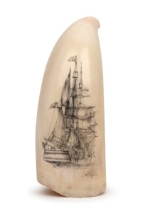 GARY TONKIN scrimshaw whale's tooth with tallship scene, signed lower right "G. Tonkin", 12.5cm high