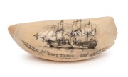 A scrimshaw whale's tooth with whaling&nbsp;scene titled "The Cutting", 11.5cm wide