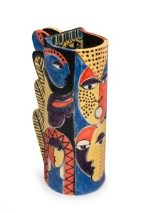 BARBARA SWARBRICK art pottery vase with hand-painted face decoration. incised "Barbara Swarbrick, 1987" with monogram stamp, 26cm high