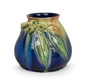 276 · REMUED blue and green glazed pottery vase with pink highlights and applied gumnuts and leaves, incised "Remued, Hand Made, 154M", ​​​​​​​16.5cm high