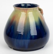 REMUED&nbsp;blue and green glazed pottery vase with pink highlights and applied gumnuts and leaves, incised "Remued, Hand Made, 154M", ​​​​​​​16.5cm high - 2
