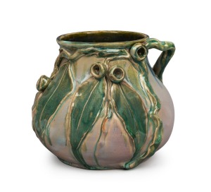 MARGARET KERR stunning pottery vase with unusual and rare mauve/pink, grey, blue and green glaze, adorned with applied gumnuts and leaves, incised "Margaret Kerr, Melbourne, 1934", 18cm high, 20cm wide