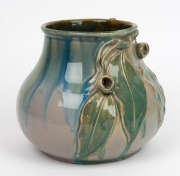 MARGARET KERR stunning pottery vase with unusual and rare mauve/pink, grey, blue and green glaze, adorned with applied gumnuts and leaves, incised "Margaret Kerr, Melbourne, 1934", 18cm high, 20cm wide - 3