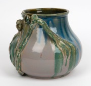 MARGARET KERR stunning pottery vase with unusual and rare mauve/pink, grey, blue and green glaze, adorned with applied gumnuts and leaves, incised "Margaret Kerr, Melbourne, 1934", 18cm high, 20cm wide - 5