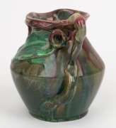 REMUED&nbsp;pink and green glazed pottery jug with blue highlights, decorated with applied gumnuts and leaves, incised "Remued 192", 16cm high - 4
