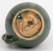 REMUED&nbsp;pink and green glazed pottery jug with blue highlights, decorated with applied gumnuts and leaves, incised "Remued 192", 16cm high - 5