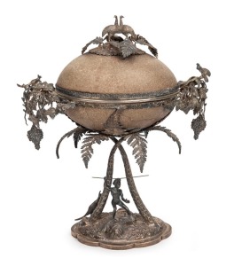 24 · WILLIAM EDWARDS of Melbourne impressive Australian silver mounted emu egg casket adorned with Aboriginal hunting figure, kangaroos, emu, cockatoo and possum, 19th century, stamped "W. EDWARDS, MELBOURNE", 27cm high, 24cm wide, 784 grams total including egg