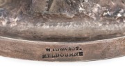 WILLIAM EDWARDS of Melbourne impressive Australian silver mounted emu egg casket adorned with Aboriginal hunting figure, kangaroos, emu, cockatoo and possum, 19th century, stamped "W. EDWARDS, MELBOURNE", 27cm high, 24cm wide, 784 grams total including eg - 2