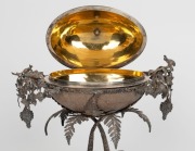 WILLIAM EDWARDS of Melbourne impressive Australian silver mounted emu egg casket adorned with Aboriginal hunting figure, kangaroos, emu, cockatoo and possum, 19th century, stamped "W. EDWARDS, MELBOURNE", 27cm high, 24cm wide, 784 grams total including eg - 4