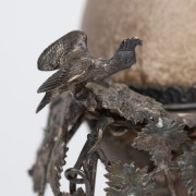 WILLIAM EDWARDS of Melbourne impressive Australian silver mounted emu egg casket adorned with Aboriginal hunting figure, kangaroos, emu, cockatoo and possum, 19th century, stamped "W. EDWARDS, MELBOURNE", 27cm high, 24cm wide, 784 grams total including eg - 8