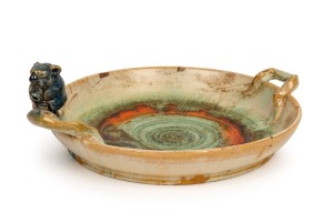 271 · REMUED rare green and orange glazed pottery bowl with applied blue koala and branch handles, incised "Remued, 24S", 9cm high, 26cm wide