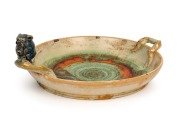 REMUED rare green and orange glazed pottery bowl with applied blue koala and branch handles, incised "Remued, 24S", 9cm high, 26cm wide&nbsp;