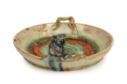REMUED rare green and orange glazed pottery bowl with applied blue koala and branch handles, incised "Remued, 24S", 9cm high, 26cm wide&nbsp; - 3