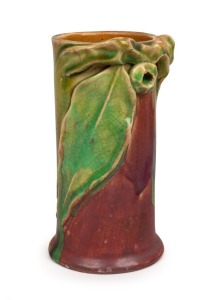 REMUED pottery vase with applied gumnuts and leaf, glazed in pink and green, incised "Remued Hand Made", 16cm high