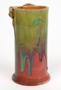 REMUED&nbsp;pottery vase with applied gumnuts and leaf, glazed in pink and green, incised "Remued&nbsp;Hand Made", 16cm high&nbsp;&nbsp; - 3