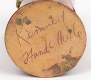 REMUED&nbsp;pottery vase with applied gumnuts and leaf, glazed in pink and green, incised "Remued&nbsp;Hand Made", 16cm high&nbsp;&nbsp; - 5