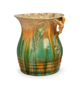 REMUED impressive green glazed pottery vase with applied gumnuts, leaf and branch handle, incised "Remued, Hand Made, 191/10M", 25.5cm high, 24cm wide