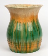 REMUED&nbsp;impressive green glazed pottery vase with applied gumnuts,&nbsp;leaf and branch handle, incised "Remued,&nbsp;Hand Made, 191/10M", 25.5cm high, 24cm wide - 2