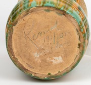 REMUED&nbsp;impressive green glazed pottery vase with applied gumnuts,&nbsp;leaf and branch handle, incised "Remued,&nbsp;Hand Made, 191/10M", 25.5cm high, 24cm wide - 4