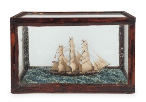 An antique folk art tall ship diorama in original timber case, 19th century, 27cm high, 44cm wide, 24cm deep
