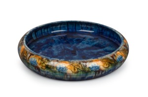 HARRY LINDEMAN blue glazed pottery bowl with floral border, incised "H. Lindeman", 5.5cm high, 27cm diameter