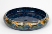 HARRY LINDEMAN blue glazed pottery bowl with floral border, incised "H. Lindeman", ​​​​​​​5.5cm high, 27cm diameter - 2