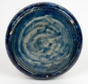 HARRY LINDEMAN blue glazed pottery bowl with floral border, incised "H. Lindeman", ​​​​​​​5.5cm high, 27cm diameter - 4