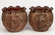 A pair of Australian earthenware salt glazed jardinieres with ruffled rims, sgraffito textured ground and applied kookaburras and flower heads, circa 1920, 26cm high, 26cm diameter - 2