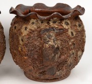 A pair of Australian earthenware salt glazed jardinieres with ruffled rims, sgraffito textured ground and applied kookaburras and flower heads, circa 1920, 26cm high, 26cm diameter - 4