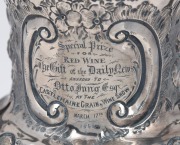 An antique presentation sterling silver two handled trophy cup with repousse&nbsp;decoration and engraved dedication "Special Prize For Red Wine, The Gift Of The Daily News, Awarded To, Otto Fring Esq.r, At The Castlemaine Grain & Wine Show, March 17th 1868",&nbsp; - 3
