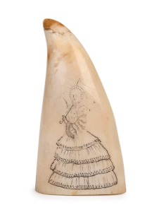 196 · A scrimshaw whale's tooth with portrait of a lady in a crinoline dress with floral vignette verso. Note: Damaged tip. 11.5cm long