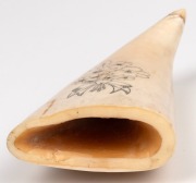 A scrimshaw whale's tooth with portrait of a lady in a crinoline dress with floral vignette verso. Note: Damaged tip. 11.5cm long - 3