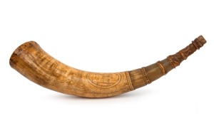 An impressive antique scrimshaw powder horn adorned with numerous vignettes of Colonial scenes, shipping, soldiers and text, dated May, 1836, 48cm wide