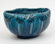 VALERIA CORRELL&nbsp;(attributed) impressive blue glazed hand-built pottery vase with fairy wren decoration, incised and dated to the interior (illegible), 16cm high, 30cm wide - 2