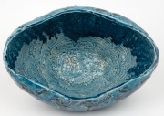 VALERIA CORRELL&nbsp;(attributed) impressive blue glazed hand-built pottery vase with fairy wren decoration, incised and dated to the interior (illegible), 16cm high, 30cm wide - 4
