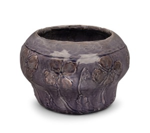 VALERIA CORRELL mauve glazed hand-built pottery vase with pansy decoration, incised "V. C., 17/5/18", 13cm high, 19cm wide
