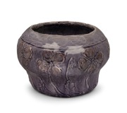 VALERIA CORRELL&nbsp;mauve glazed hand-built pottery vase with pansy&nbsp;decoration, incised "V. C., 17/5/18", 13cm high, 19cm wide