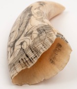 RENE DAVIDSON of Eden, New South Wales (Two Fold Bay), vintage scrimshaw whale's tooth with whaling scene titled "Breaching Sperm Whale", signed "Rene Davidson".&nbsp; Note: gift from Davidson to the current vendor 13cm high - 5