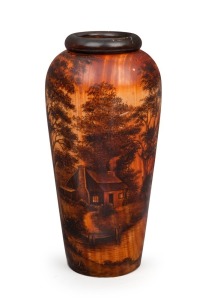 An impressive huon pine pokerwork vase with hand-painted bush hut in landscape, early 20th century, 41cm high